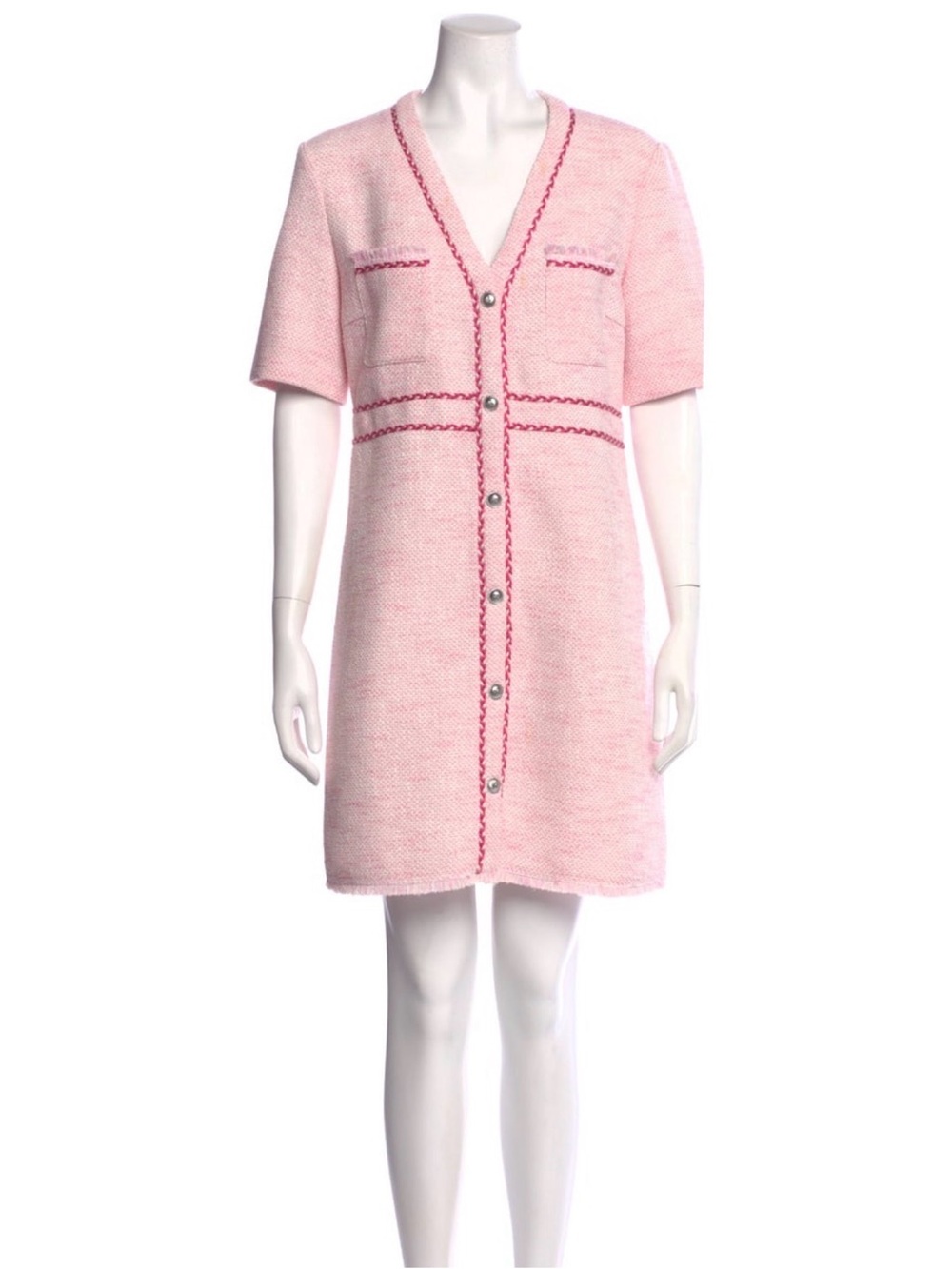 Maje Pink Tweed V-Neck Midi Dress with Contrast Trim